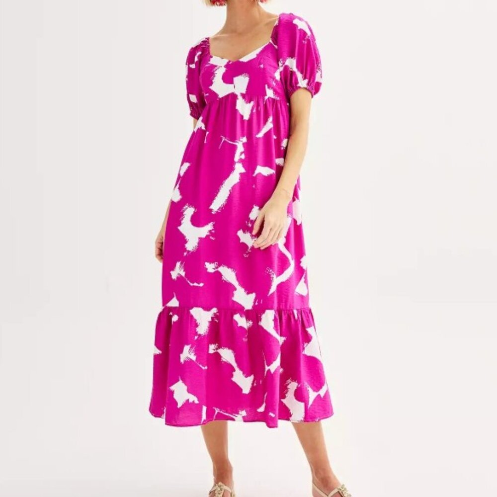 Nine West Babydoll Maxi Dress XS Sweetheart Neck Ruffled Hem Pink White